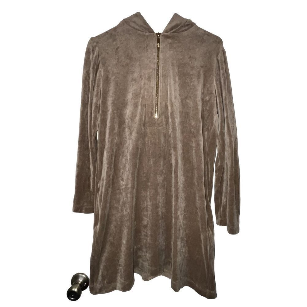 Velvet Hooded Zip Neck Dress Wmns Sm Versatile Casual